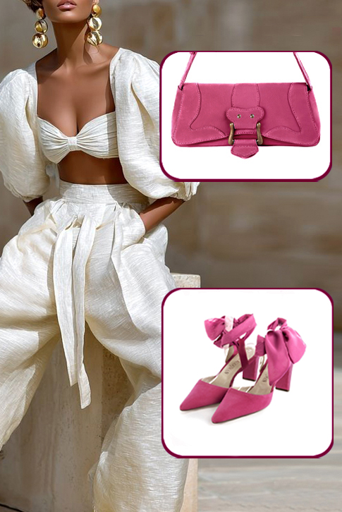 Dress closed-toe heels ankle scarf in fuchsia pink leather with medium spool heels and tapered toe - Top view
